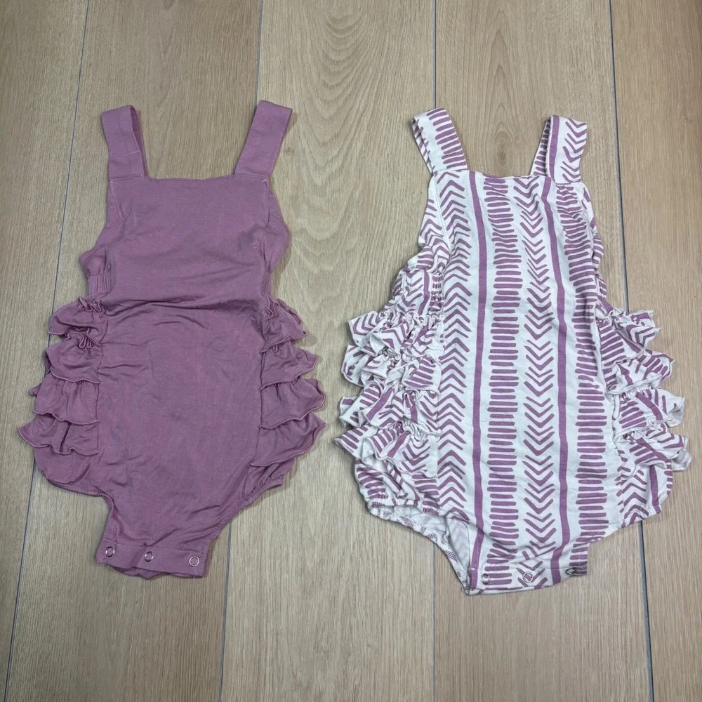 LOT OF 2 Kate Quinn 2T Bamboo Ruffle Bubble Romper Set Mauve Purple Geometric